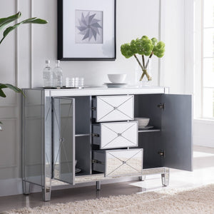 HomeRoots 50" Silver Wood and Glass Credenza - Chic Storage Solution with Three Drawers & Two Doors for Style! 401707
