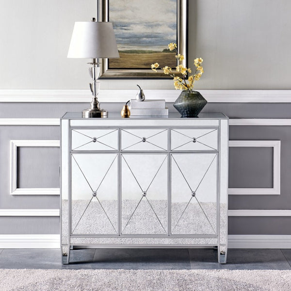 HomeRoots 40" Silver Glass Sideboard - Glam Chic Three Drawer Storage Cabinet with Versatile Display Space 401708