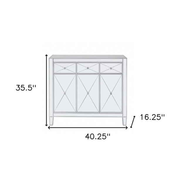 HomeRoots 40" Silver Glass Sideboard - Glam Chic Three Drawer Storage Cabinet with Versatile Display Space 401708