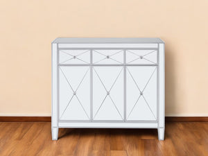 HomeRoots 40" Silver Glass Sideboard - Glam Chic Three Drawer Storage Cabinet with Versatile Display Space 401708