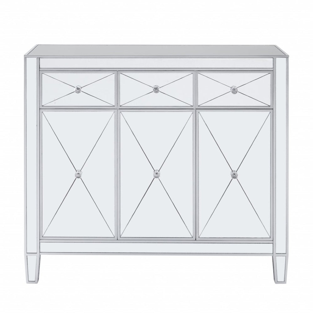 HomeRoots 40" Silver Glass Sideboard - Glam Chic Three Drawer Storage Cabinet with Versatile Display Space 401708