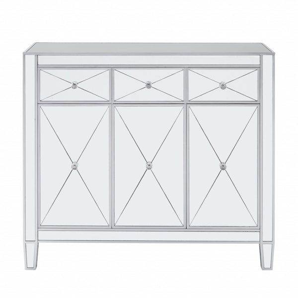 HomeRoots 40" Silver Glass Sideboard - Glam Chic Three Drawer Storage Cabinet with Versatile Display Space 401708