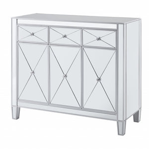 HomeRoots 40" Silver Glass Sideboard - Glam Chic Three Drawer Storage Cabinet with Versatile Display Space 401708