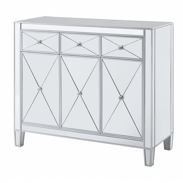 HomeRoots 40" Silver Glass Sideboard - Glam Chic Three Drawer Storage Cabinet with Versatile Display Space 401708