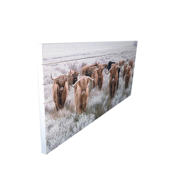 Homeroots Angelic Highland Cow Herd Wood Plank Wall Art  Fir Wood 401738