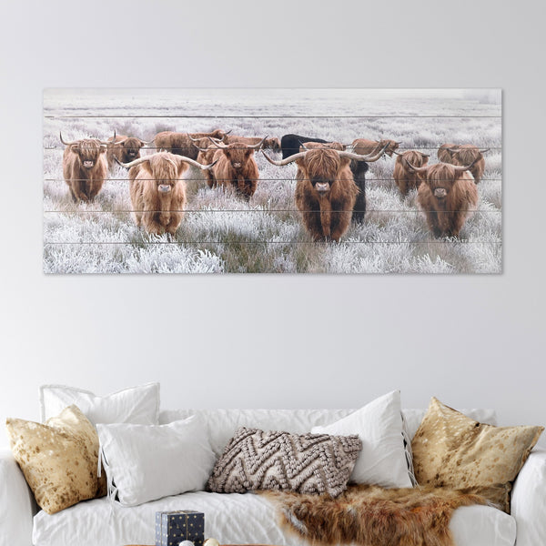 Homeroots Angelic Highland Cow Herd Wood Plank Wall Art  Fir Wood 401738