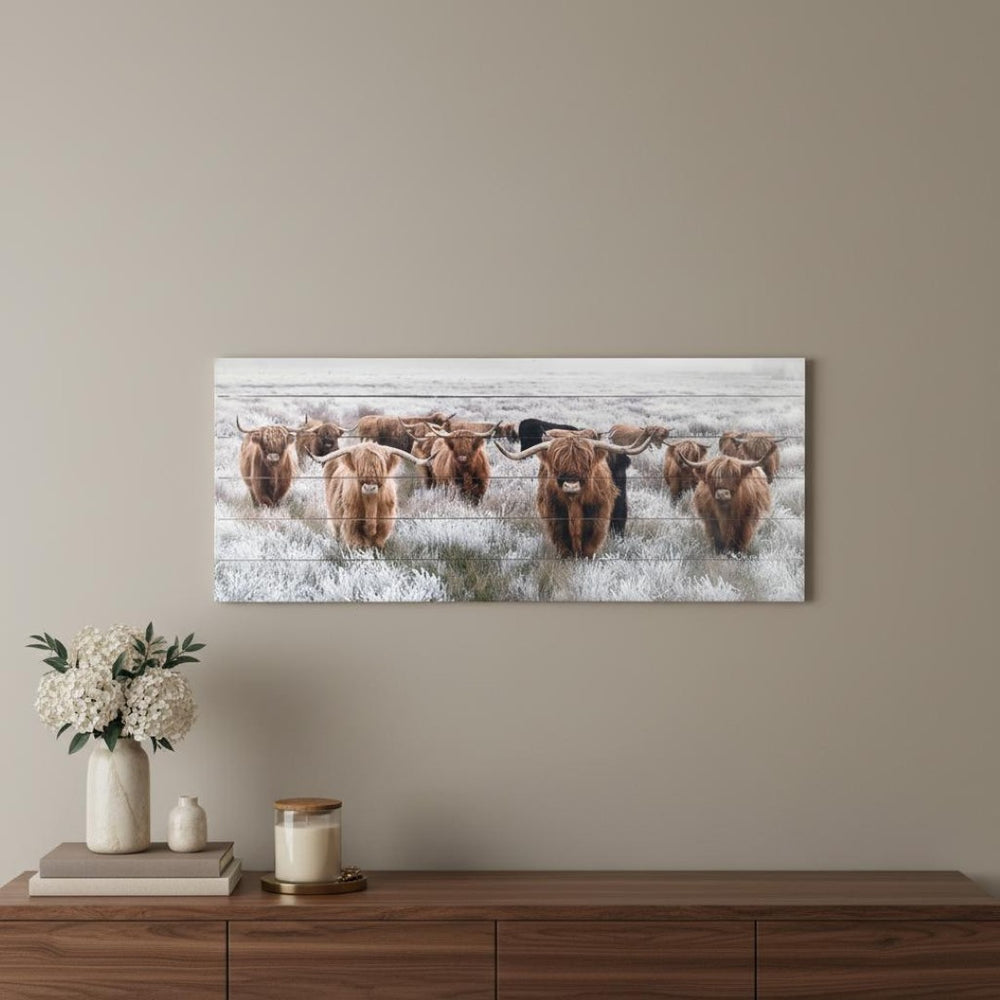 HomeRoots Angelic Highland Cow Herd Wall Art - Rustic Wood Plank Decor for Modern Farmhouse Style Homes 401738