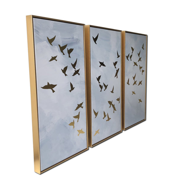 Homeroots Set Of Three Golden Birds Framed Canvas Wall Art  Canvas 401748