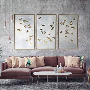 Homeroots Set Of Three Golden Birds Framed Canvas Wall Art  Canvas 401748