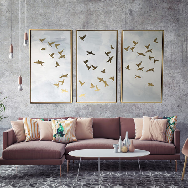 Homeroots Set Of Three Golden Birds Framed Canvas Wall Art  Canvas 401748