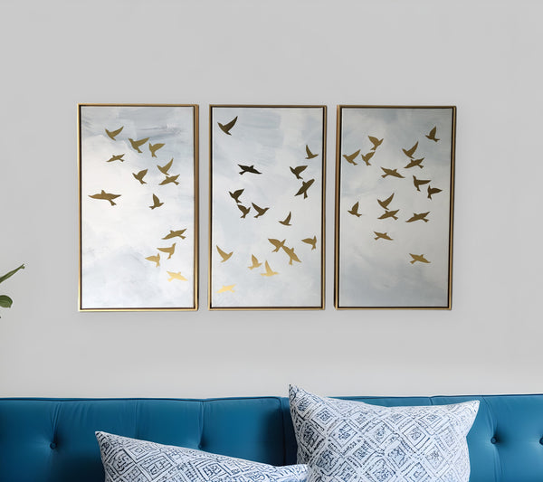 Homeroots Set Of Three Golden Birds Framed Canvas Wall Art  Canvas 401748
