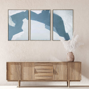 HomeRoots Set of Three Modern Blues and Grays Abstract Canvas Prints in Floater Frame for Chic Décor 401758
