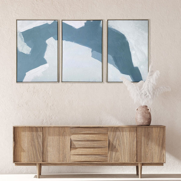 HomeRoots Set of Three Modern Blues and Grays Abstract Canvas Prints in Floater Frame for Chic Décor 401758