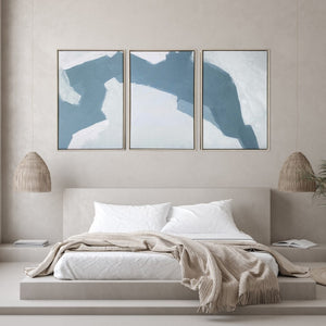 HomeRoots Set of Three Modern Blues and Grays Abstract Canvas Prints in Floater Frame for Chic Décor 401758