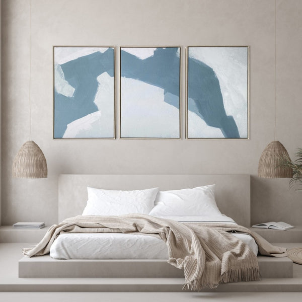 HomeRoots Set of Three Modern Blues and Grays Abstract Canvas Prints in Floater Frame for Chic Décor 401758
