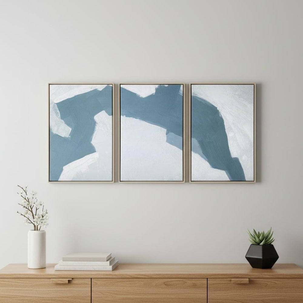 HomeRoots Set of Three Modern Blues and Grays Abstract Canvas Prints in Floater Frame for Chic Décor 401758