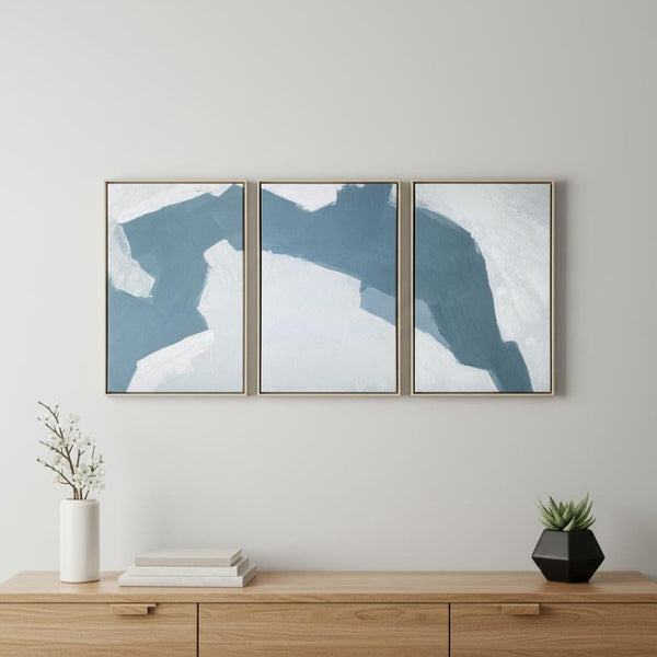 HomeRoots Set of Three Modern Blues and Grays Abstract Canvas Prints in Floater Frame for Chic Décor 401758