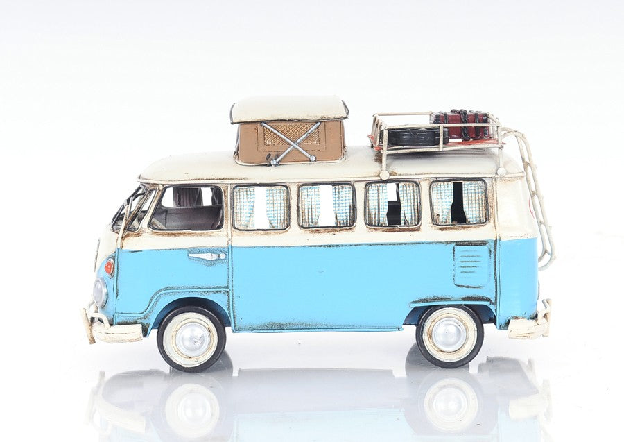 Homeroots 6" Blue And White Metal Volkswagen Bus Sculpture  Metal 401766