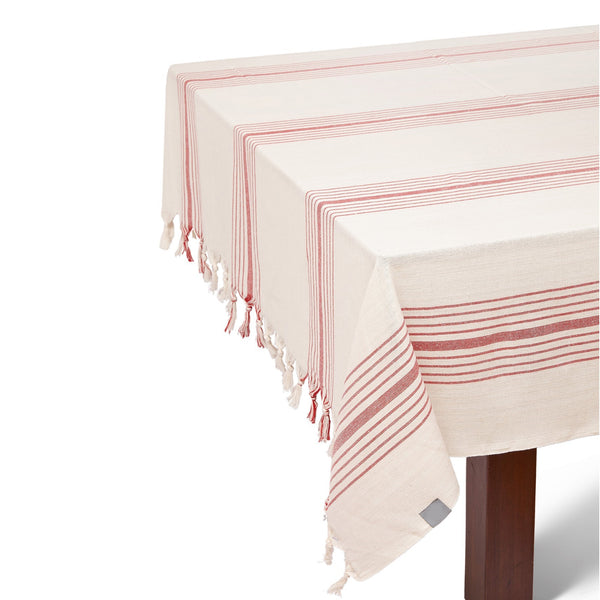 Homeroots Boho Red And Cream Striped Tablecloth Set  Cotton 401826