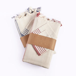 Homeroots Boho Red And Cream Striped Tablecloth Set  Cotton 401826