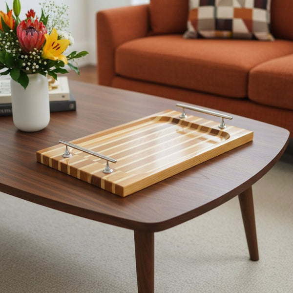 HomeRoots 15" Brown and Natural Solid Wood Serving Tray with Handles - Elegant Mid-Century Nautical Charm! 401834