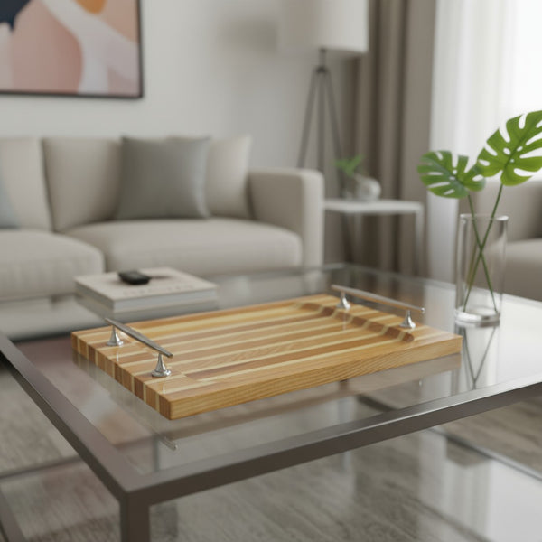 HomeRoots 15" Brown and Natural Solid Wood Serving Tray with Handles - Elegant Mid-Century Nautical Charm! 401834