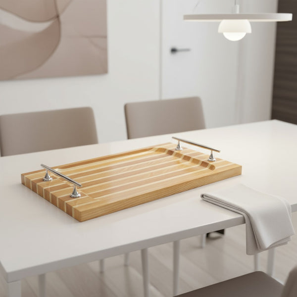 HomeRoots 15" Brown and Natural Solid Wood Serving Tray with Handles - Elegant Mid-Century Nautical Charm! 401834