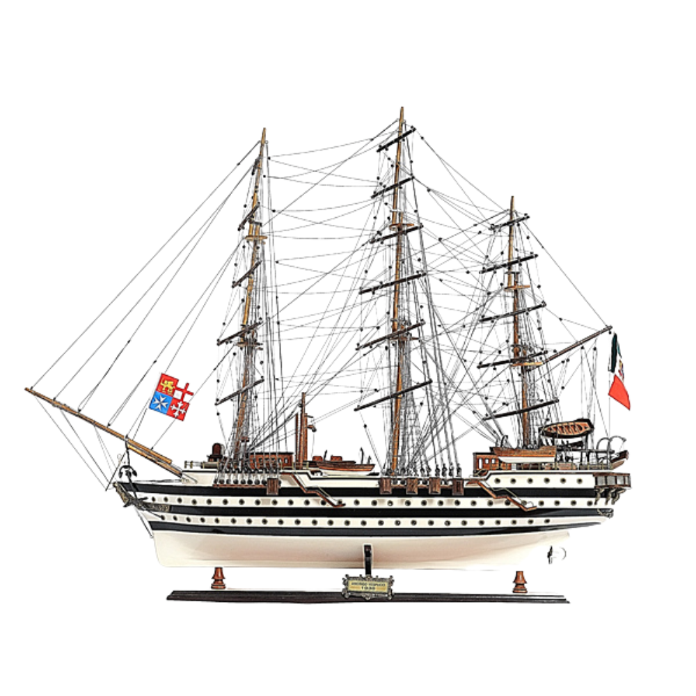 Homeroots 32" Black And White Solid Wood Hand Painted Amerigo Vespucci Model Boat  Solid Wood 401836