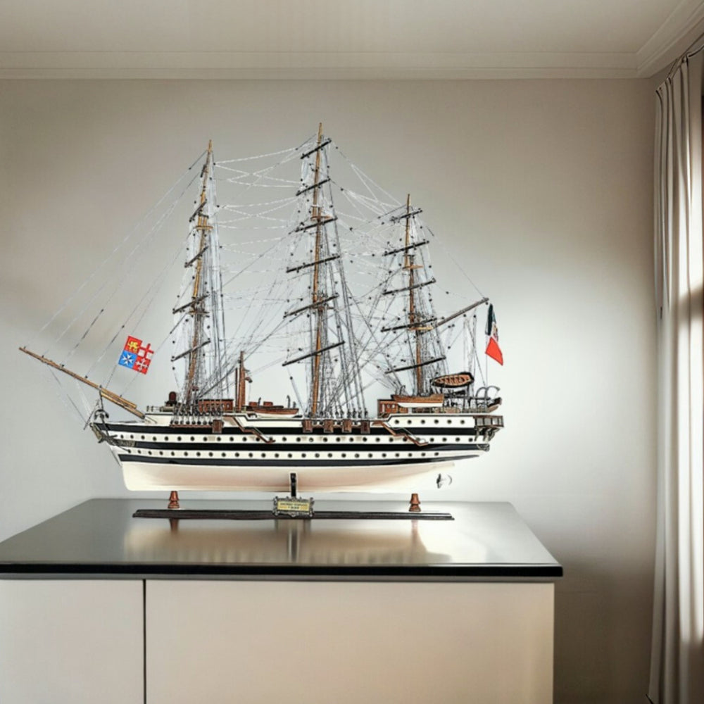 Homeroots 32" Black And White Solid Wood Hand Painted Amerigo Vespucci Model Boat  Solid Wood 401836