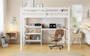 English Elm Twin Loft Bed with Built-in Desk Shelving and Dry-erase Board for Kids Rooms White LT100320AAK