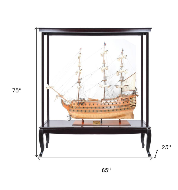 HomeRoots 75" HMS Victory Tabletop Sculpture - Handcrafted Solid Wood Nautical Decor with Display Case & Name Plate 401841