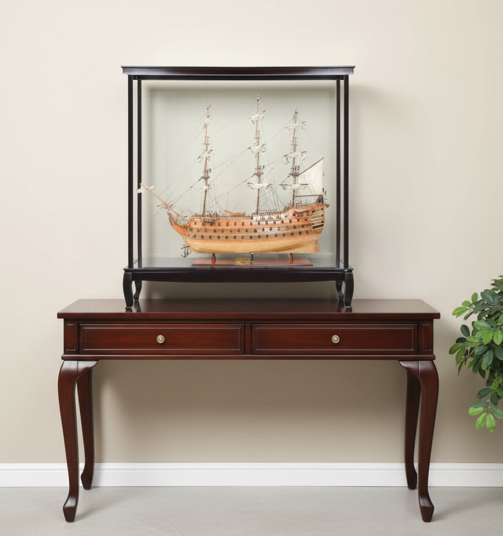 HomeRoots 75" HMS Victory Tabletop Sculpture - Handcrafted Solid Wood Nautical Decor with Display Case & Name Plate 401841