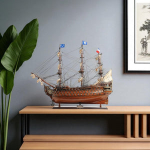 36 Inch Handcrafted Solid Wood Decorative Sailing Vessel Nautical Home Accent Brown