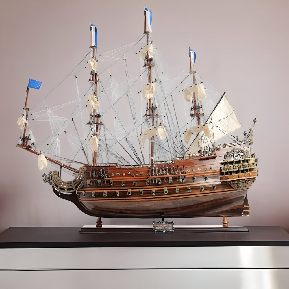 Homeroots 33" Brown Solid Wood Hand Painted Solei Royal Model Boat  Solid Wood 401853