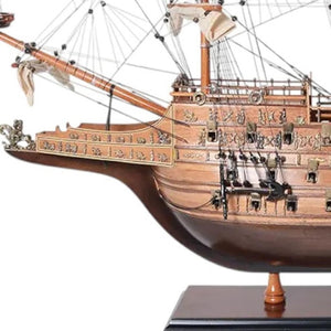 HomeRoots 33" Wood Brown Sovereign of the Seas Hand-Painted Boat Sculpture - Exquisite Maritime Collectible Art Piece 401855
