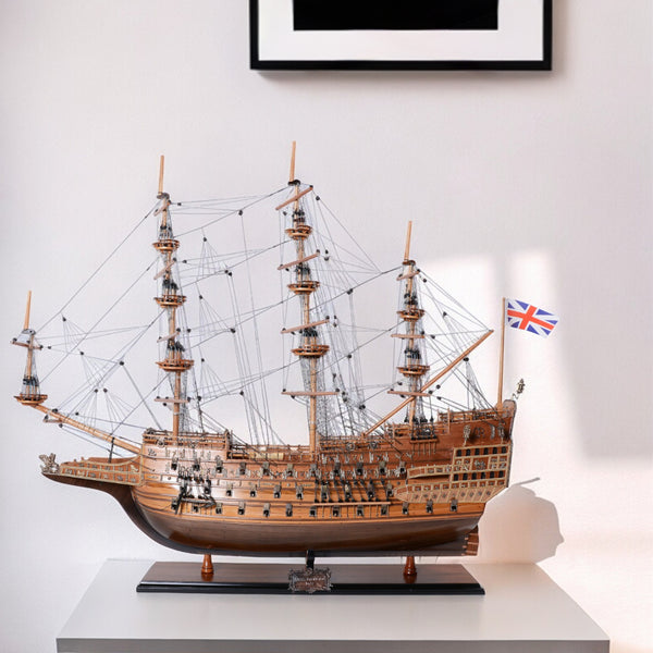 Homeroots 33" Wood Brown Sovereign Of The Seas Hand Painted Boat Sculpture  Solid Wood 401855