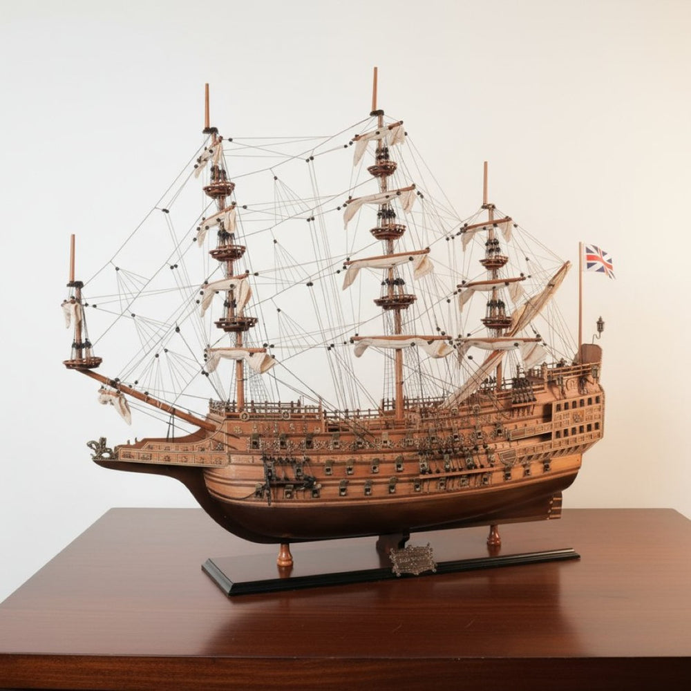 HomeRoots 33" Wood Brown Sovereign of the Seas Hand-Painted Boat Sculpture - Exquisite Maritime Collectible Art Piece 401855