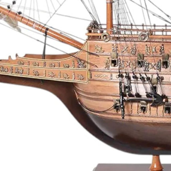 HomeRoots 33" Wood Brown Sovereign of the Seas Hand-Painted Boat Sculpture - Exquisite Maritime Collectible Art Piece 401855