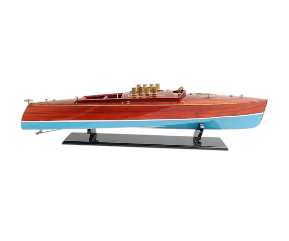 Homeroots 9" Blue And Brown Solid Wood Hand Painted Model Boat Tabletop Sculpture  Solid Wood 401861