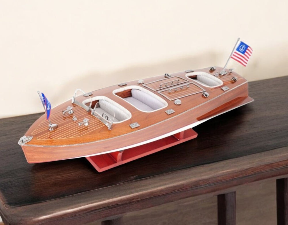 Homeroots 10" Wood Brown Solid Wood Hand Painted Model Boat Tabletop Sculpture  Solid Wood 401867