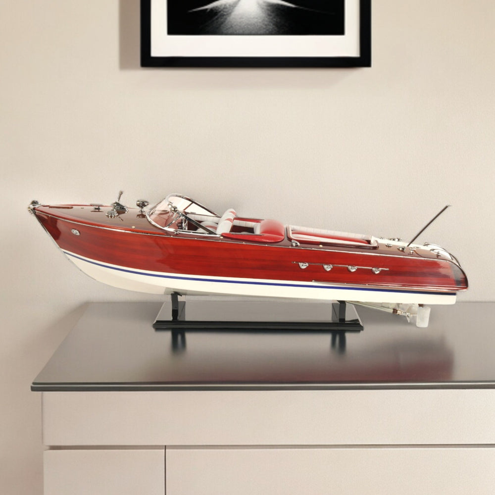 Homeroots 10" Red White And Brown Manufactured Wood Hand Painted Decorative Boat  Solid Wood 401871