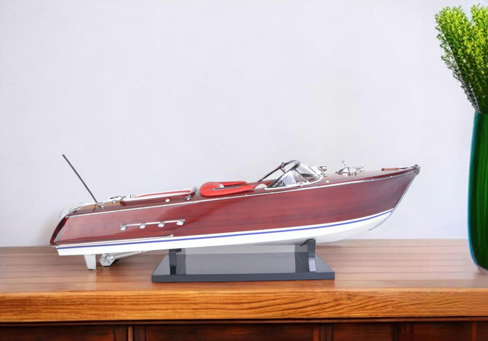 Homeroots 9" Brown Wood Hand Painted Boat Sculpture  Solid Wood 401874