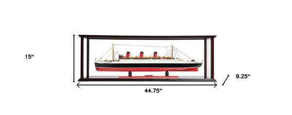 Homeroots 15" Black And Red Solid Wood Hand Painted Rms Queen Mary Large Display Case Model Boat  Solid Wood 401877