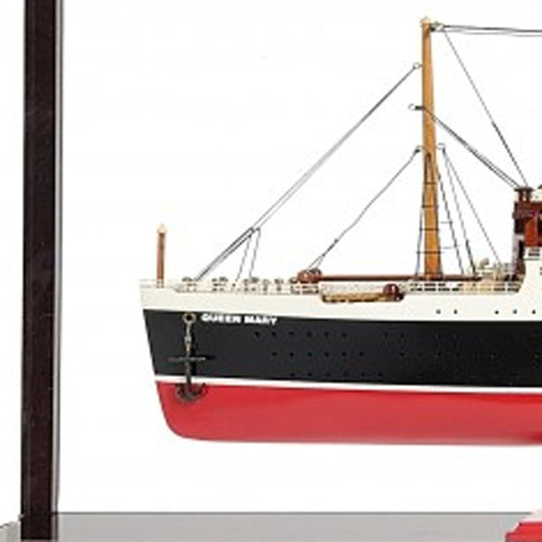 Homeroots 15" Black And Red Solid Wood Hand Painted Rms Queen Mary Large Display Case Model Boat  Solid Wood 401877