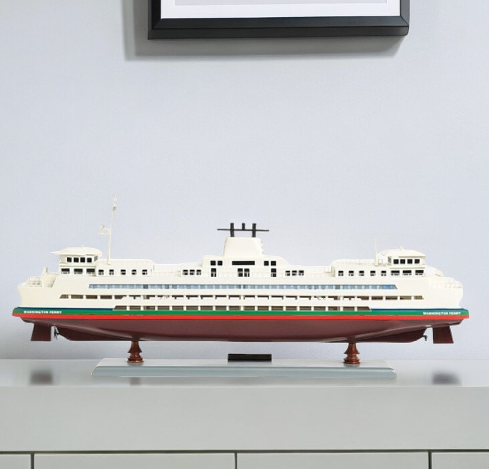 Homeroots 11" Brown And White Washington Ferry Boat Hand Painted Decorative Boat  Solid Wood 401890