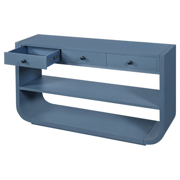 English Elm [video] Sculptural Console Table Pine Wood Curved Legs Soft-close Drawers Open Shelving Entryway Blue N759P433560C
