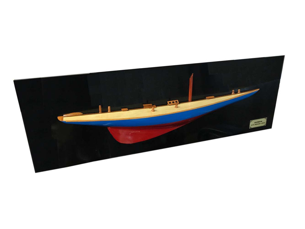 Homeroots 12" Blue And Red Solid Wood Hand Painted Rainbow Half-hull Model Boat  Solid Wood 401898