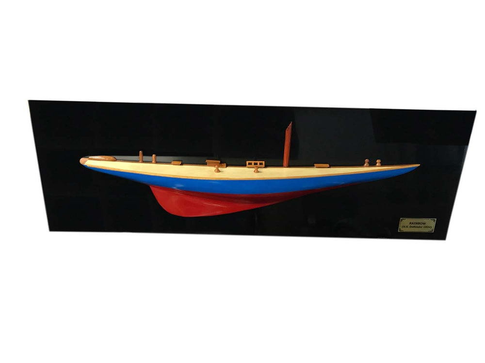Homeroots 12" Blue And Red Solid Wood Hand Painted Rainbow Half-hull Model Boat  Solid Wood 401898
