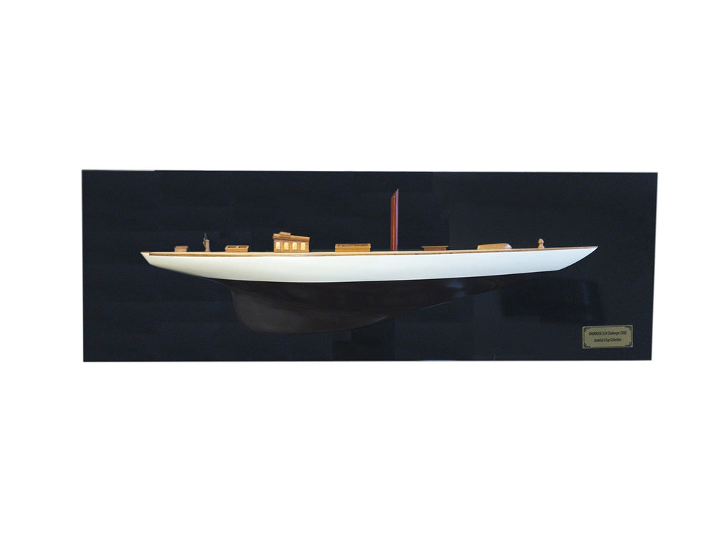 Homeroots 12" Black And White Solid Wood Hand Painted Shamrock V Yacht Half-hull Model Boat  Solid Wood 401899