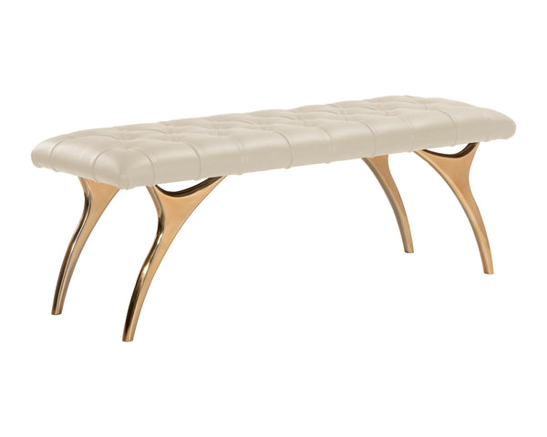 Sunpan Taylen Bench - Elegant Sculptural Design with Gold Aluminum Base and Genuine Leather Tufted Seat Cream Leather